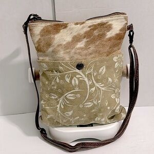 Myra cowhide leather and canvas upcycled crossbody bag EUC